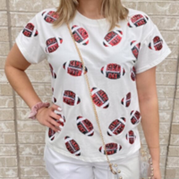 Queen of Sparkles QOS Game Day Football Sequin Tee Shirt Relaxed XS - Picture 6 of 6